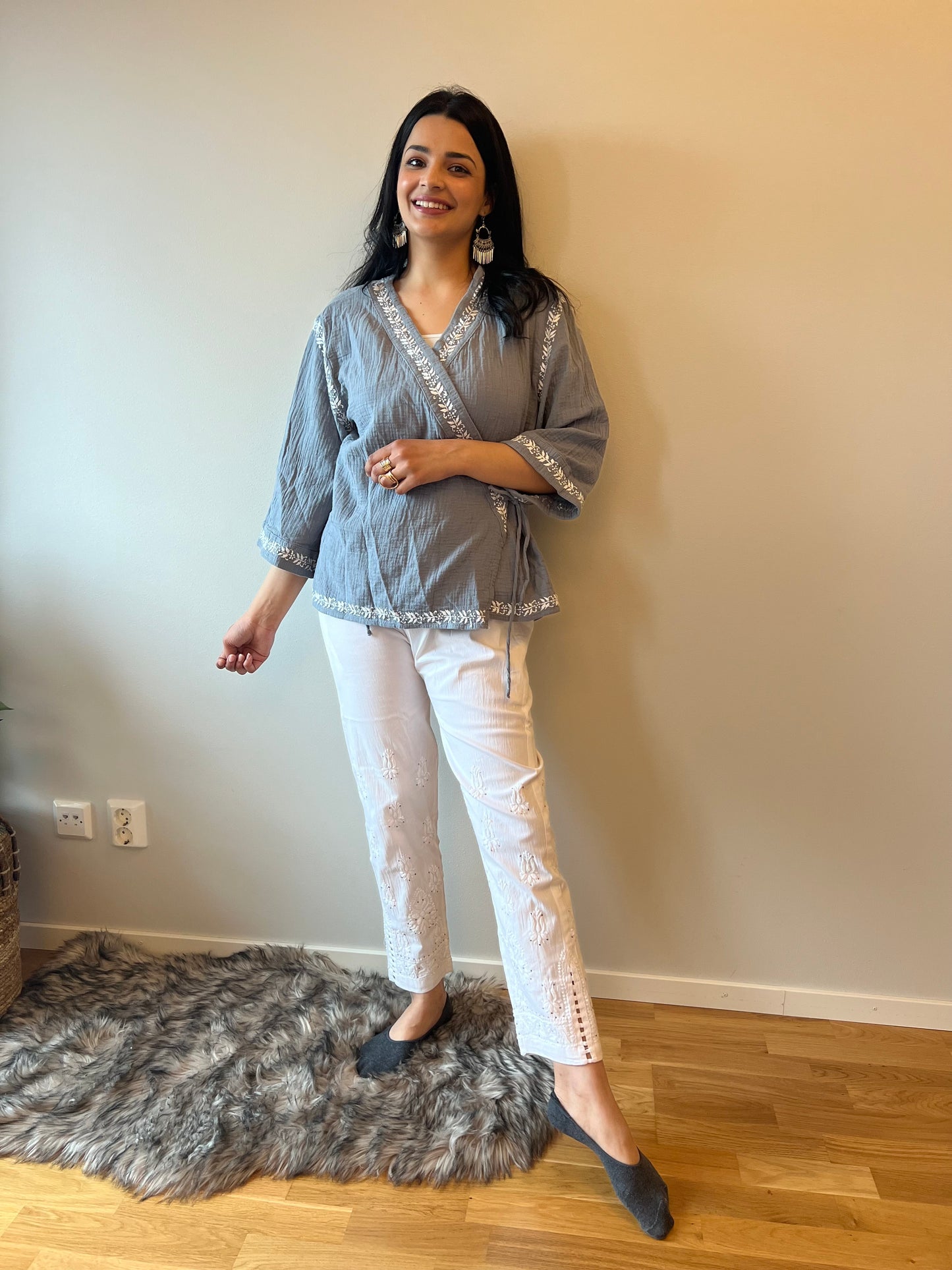 Ashen Charm - Hand Embroidered Chikankari Shrug Style Short Top
