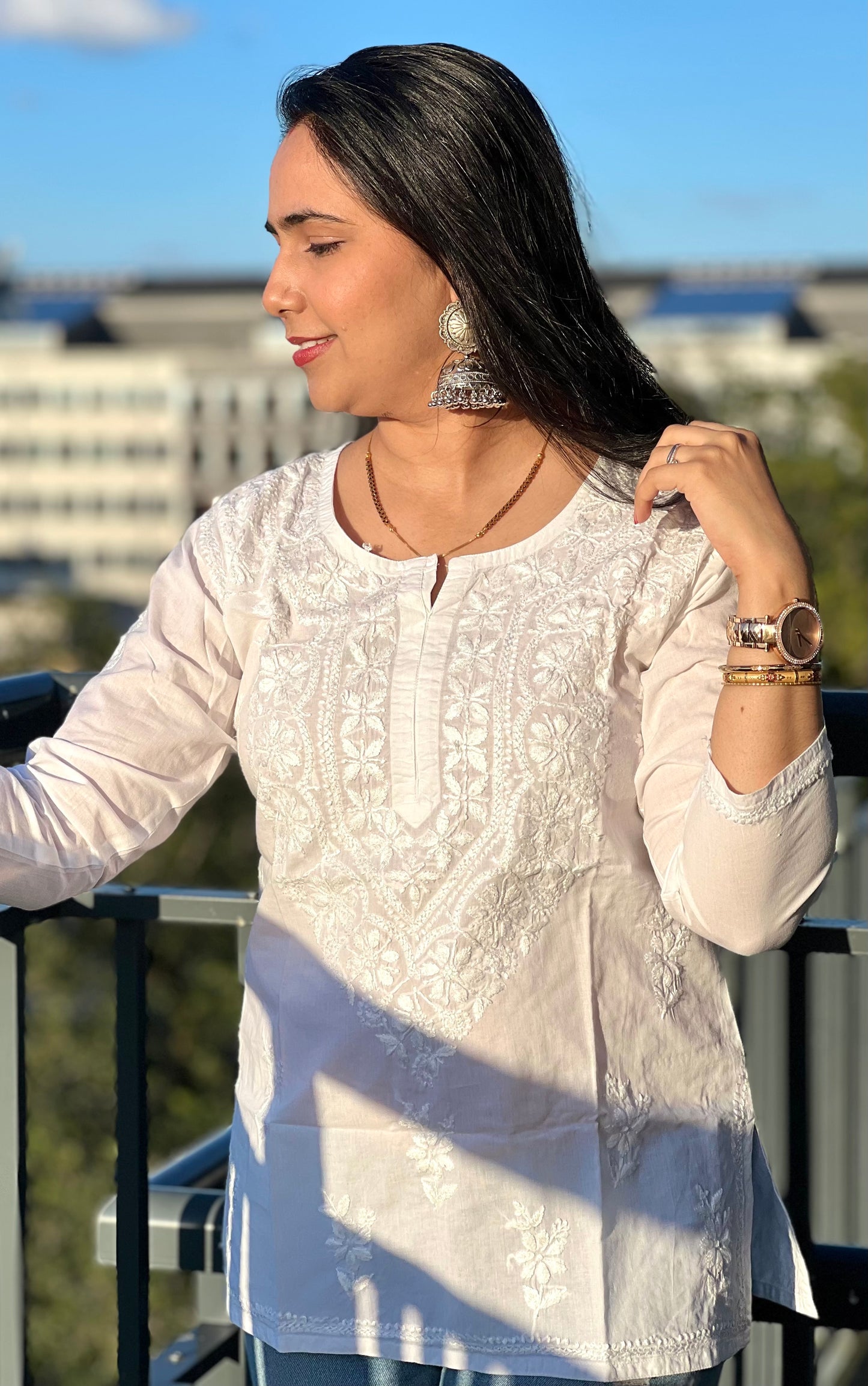 Monsoon Magic - White Cotton Hand-Embroidered Chikankari Short Top