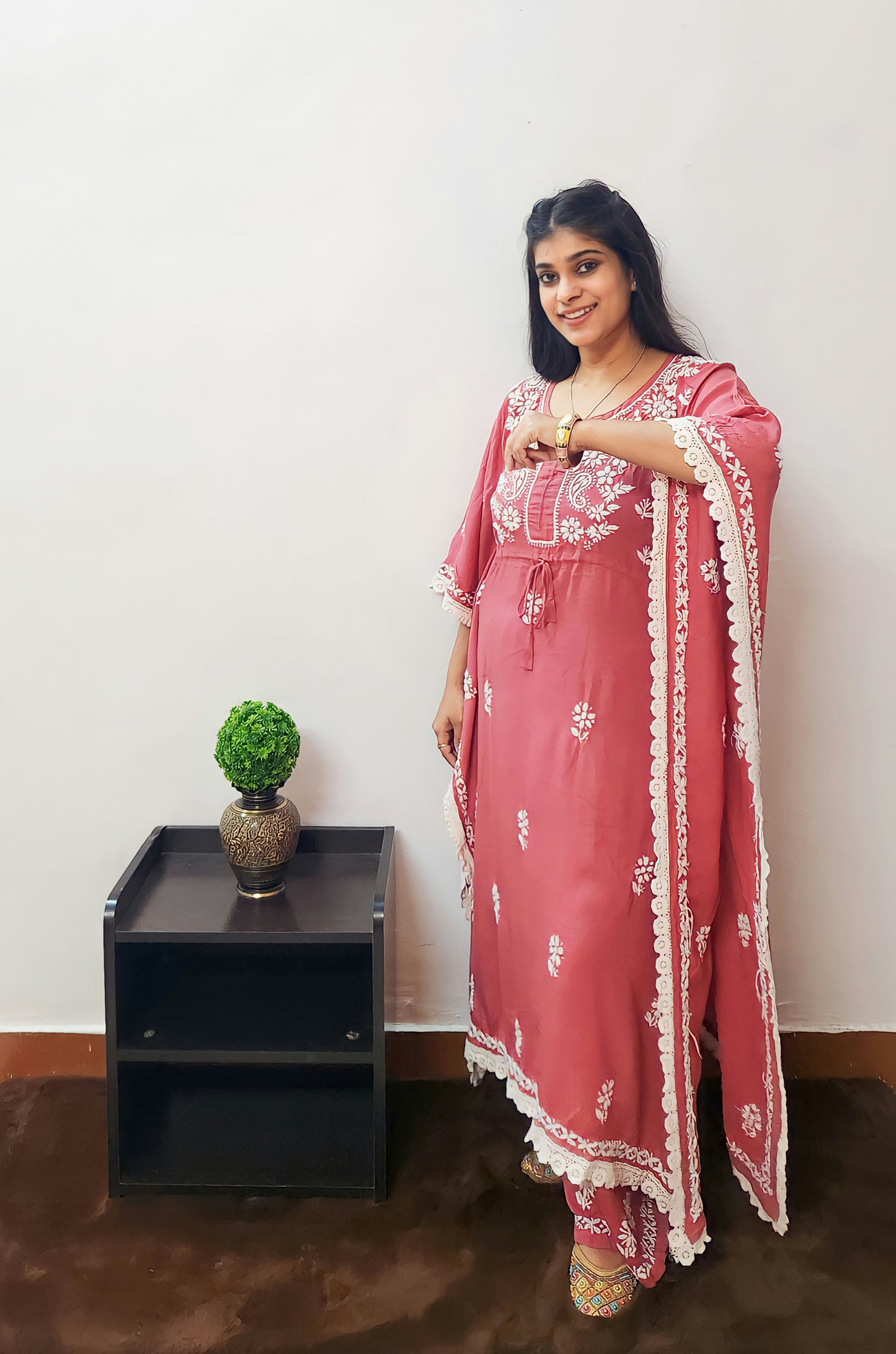 Modal Hand Embroidered Chikankari Kaftan Kurti and Palazzo Set