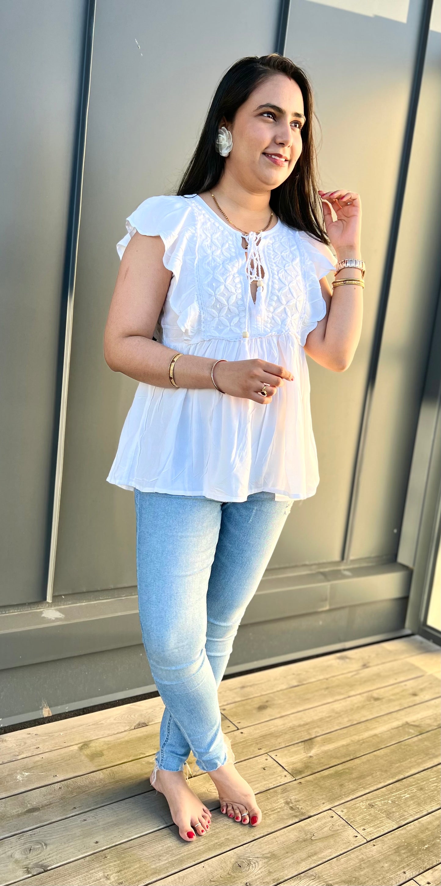 Enchanted Gardens - Cotton Chikankari Short Top with White Hand-Embroidery