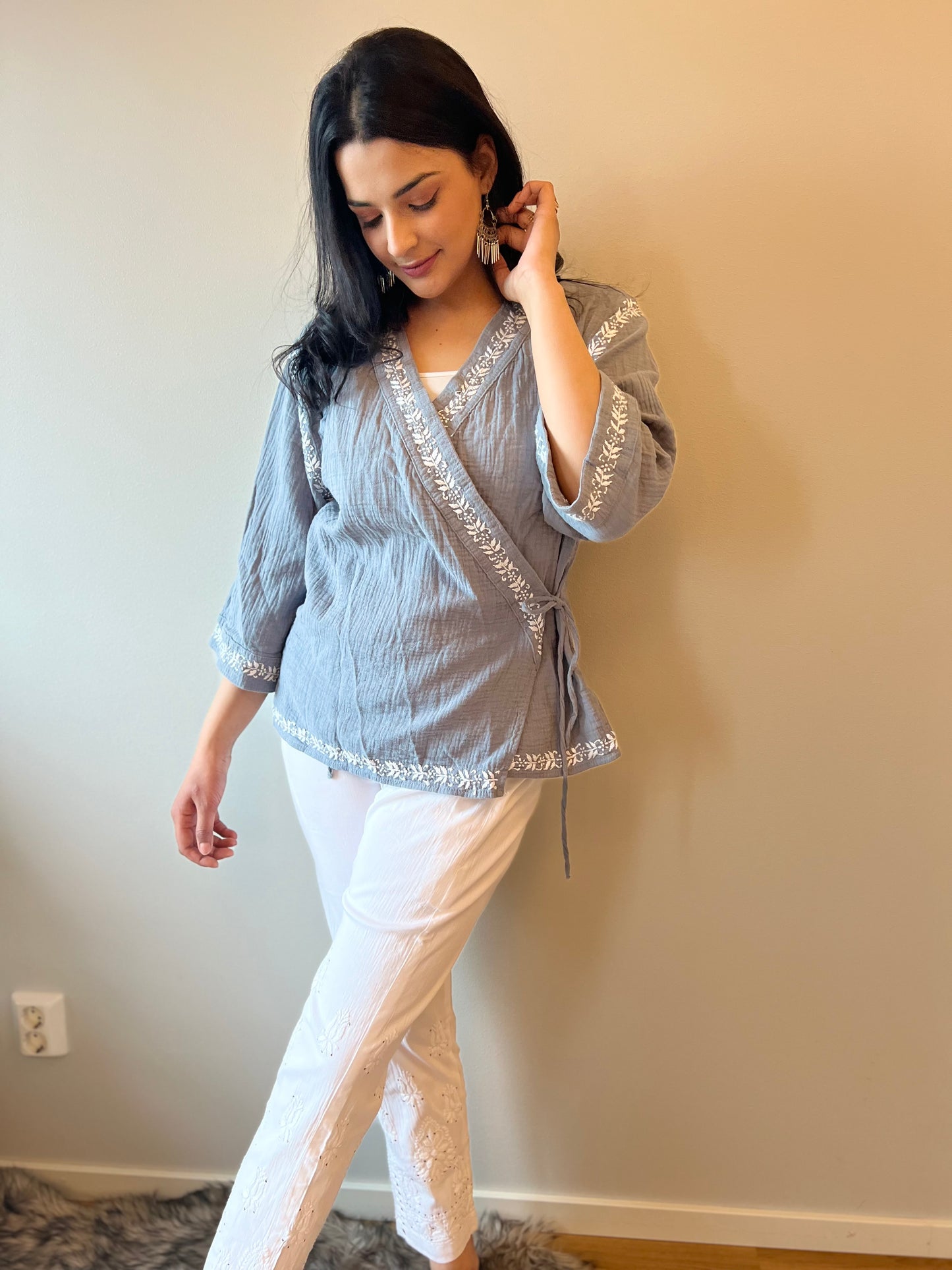 Ashen Charm - Hand Embroidered Chikankari Shrug Style Short Top