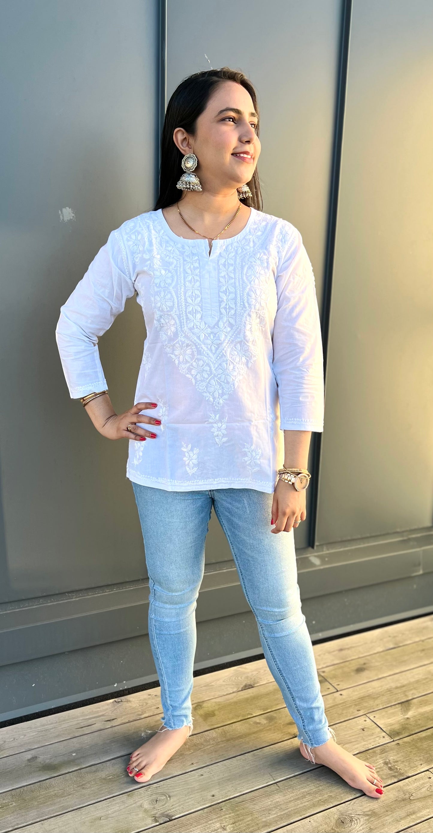 Monsoon Magic - White Cotton Hand-Embroidered Chikankari Short Top