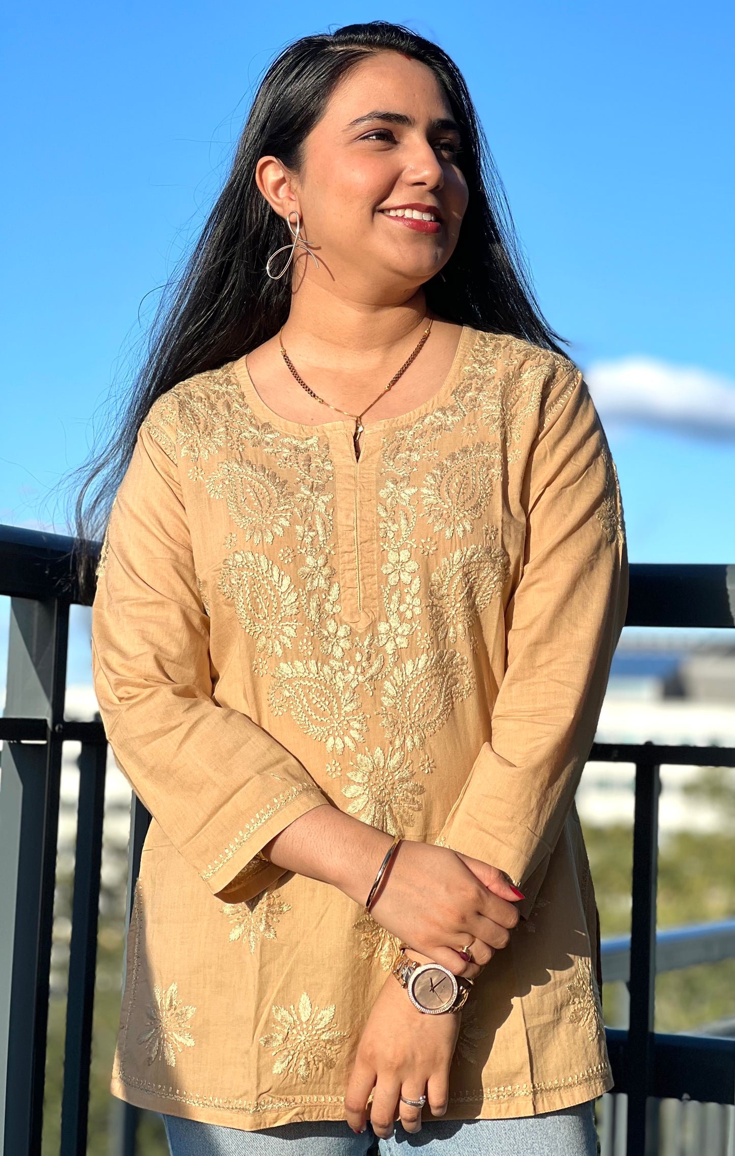 Monsoon Magic - Brown Cotton Hand-Embroidered Chikankari Short Top