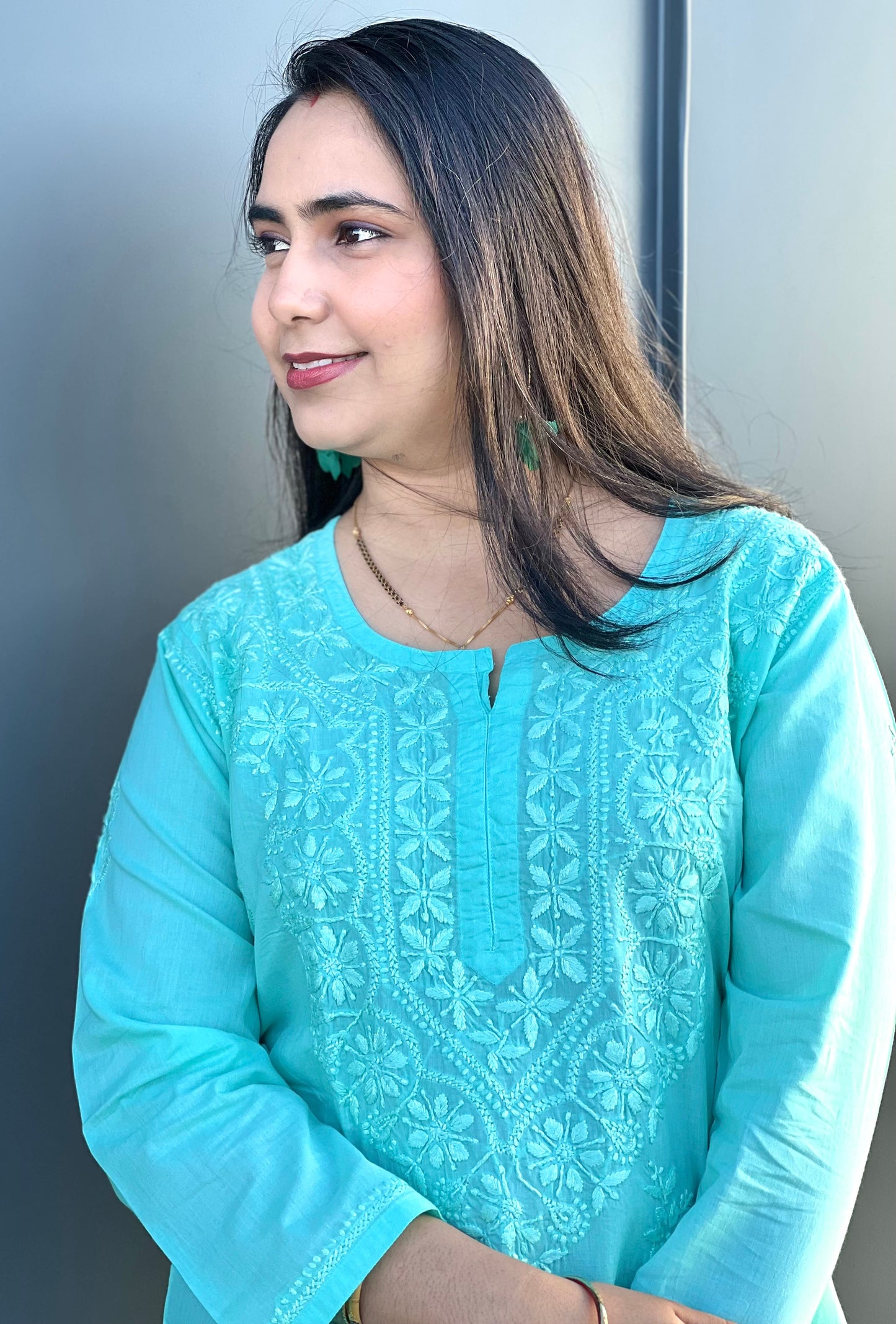 Monsoon Magic - Sea Green Cotton Hand-Embroidered Chikankari Short Top