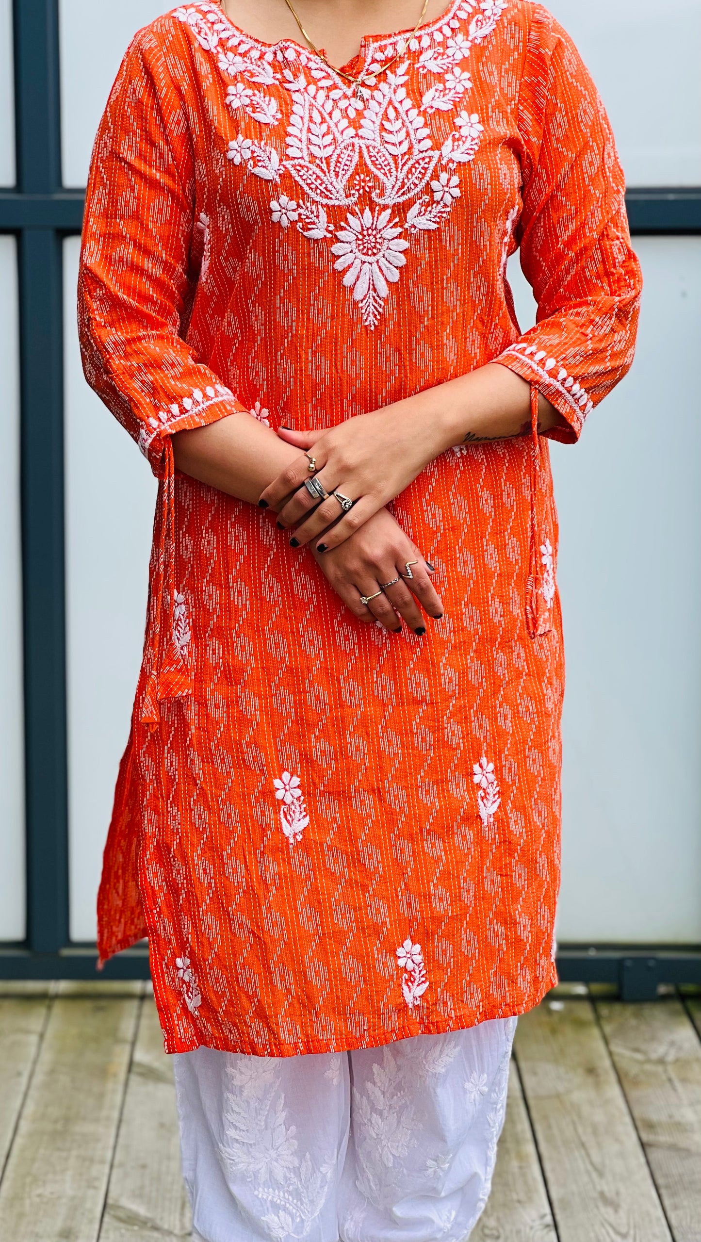 Vibrant Ensemble - Printed Handcrafted Chikankari Kurti with 3/4th Sleeves