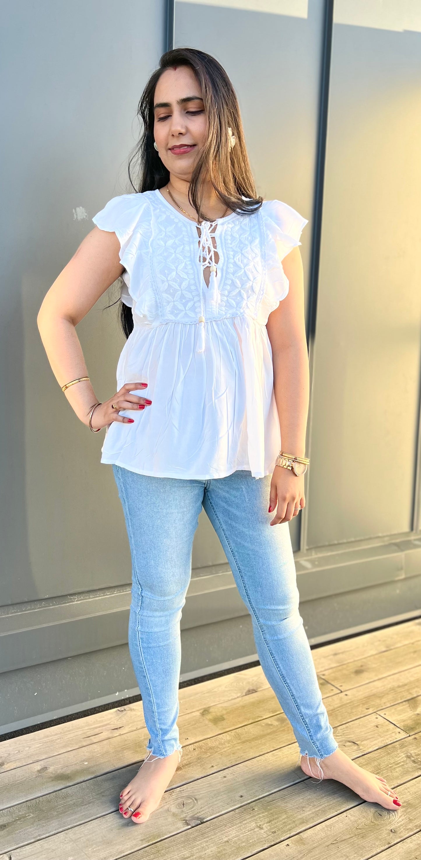 Enchanted Gardens - Cotton Chikankari Short Top with White Hand-Embroidery