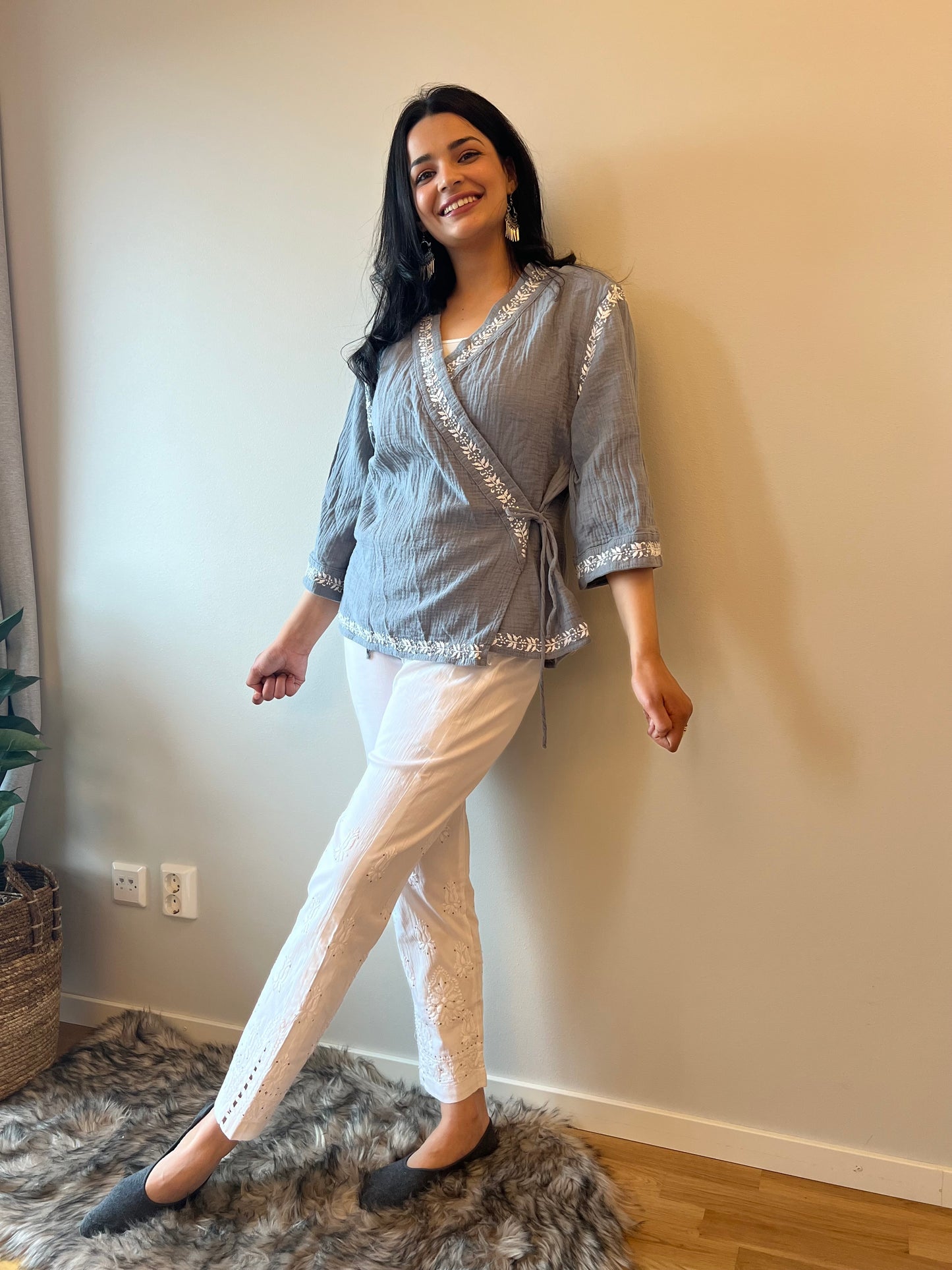 Ashen Charm - Hand Embroidered Chikankari Shrug Style Short Top