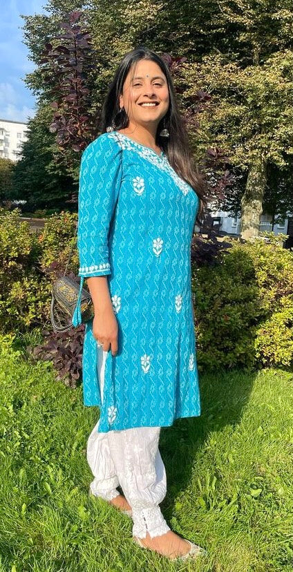 Vibrant Ensemble - Printed Handcrafted Chikankari Kurti with 3/4th Sleeves