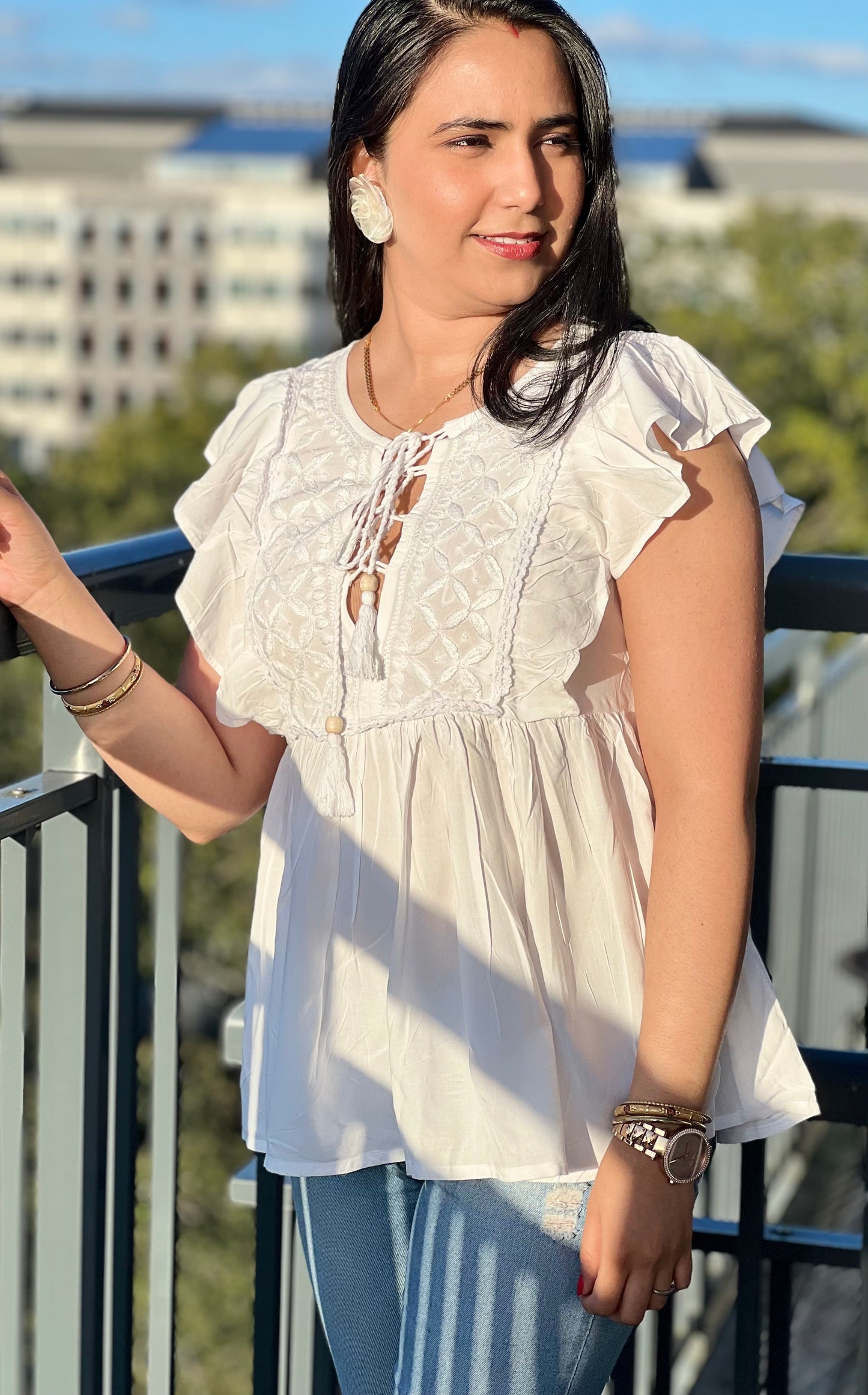 Enchanted Gardens - Cotton Chikankari Short Top with White Hand-Embroidery