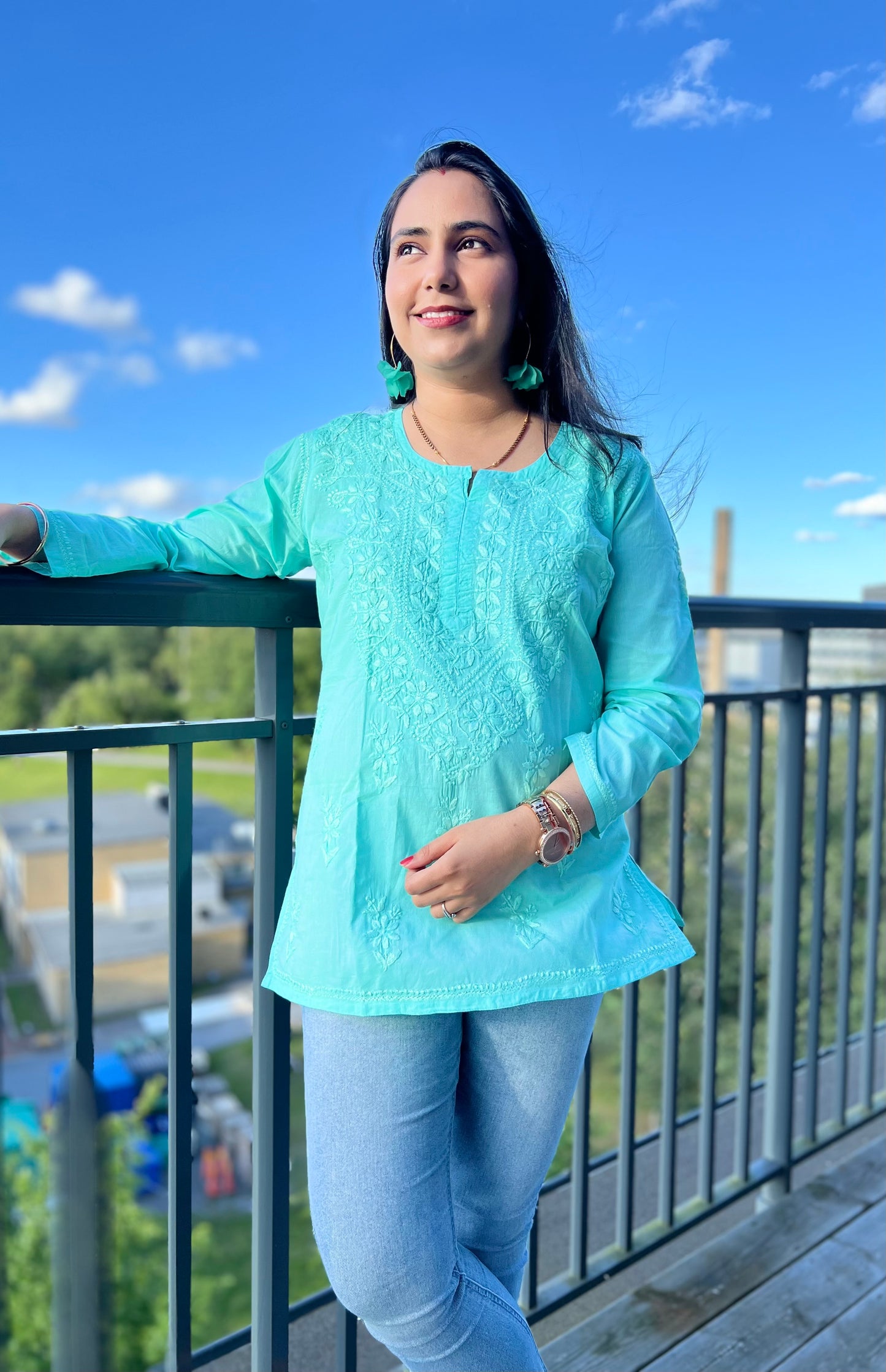 Monsoon Magic - Sea Green Cotton Hand-Embroidered Chikankari Short Top
