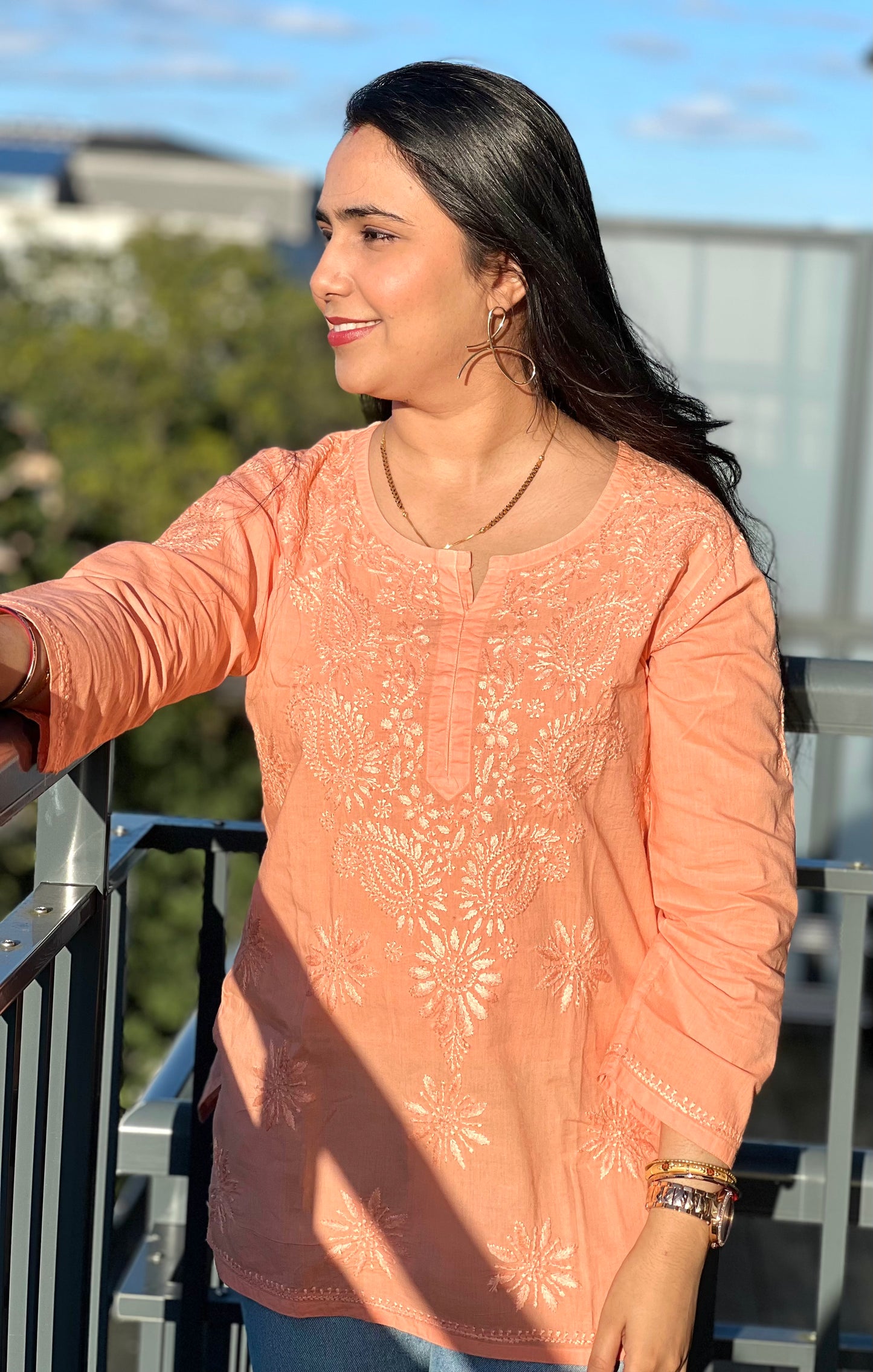 Monsoon Magic - Orange Cotton Hand-Embroidered Chikankari Short Top