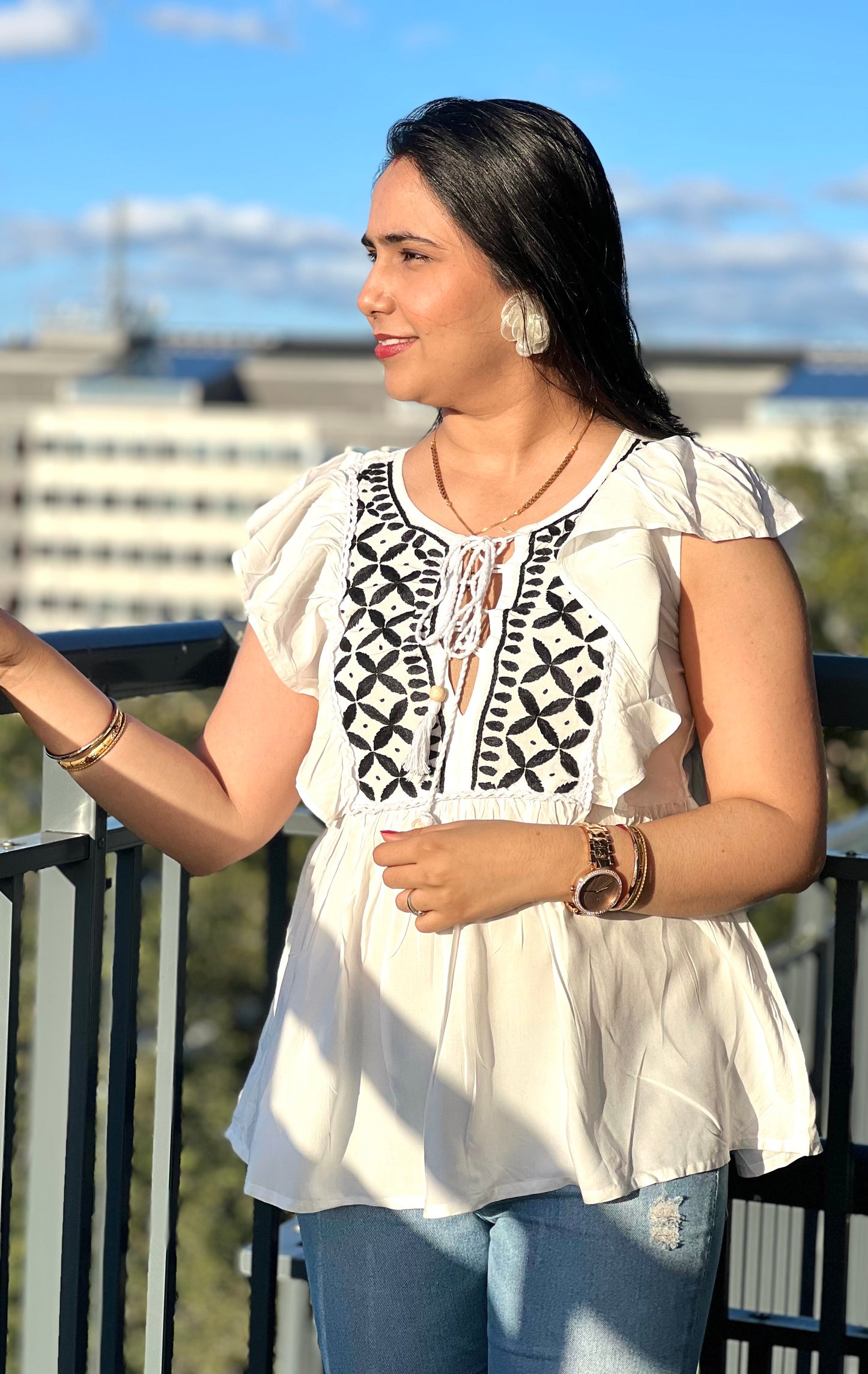 Enchanted Gardens - Cotton Chikankari Short Top with Black Hand-Embroidery