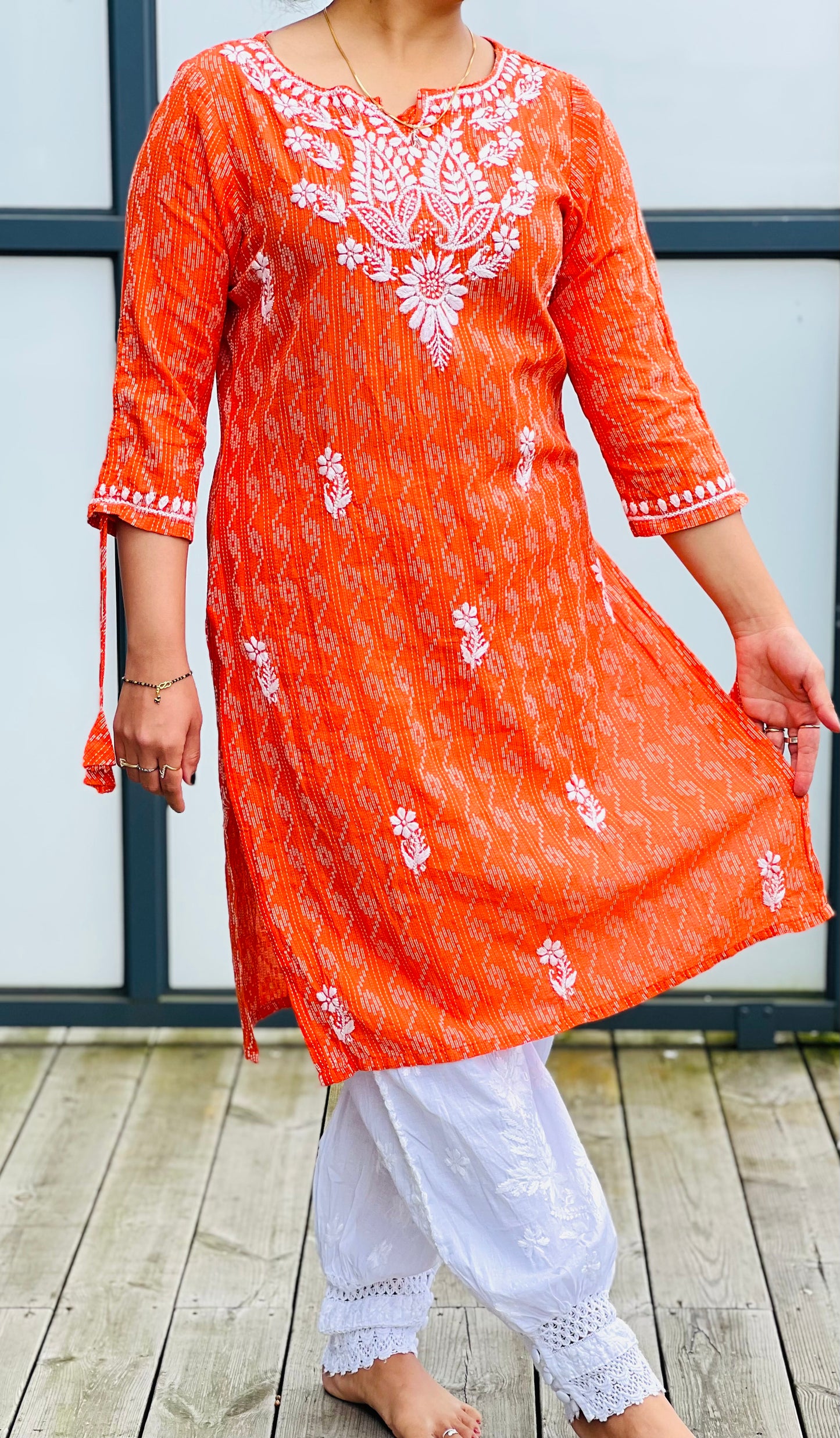 Vibrant Ensemble - Printed Handcrafted Chikankari Kurti with 3/4th Sleeves